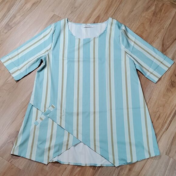 🔺️Misslook Striped Blue & Olive Green Tunic Top Large - Picture 1 of 10